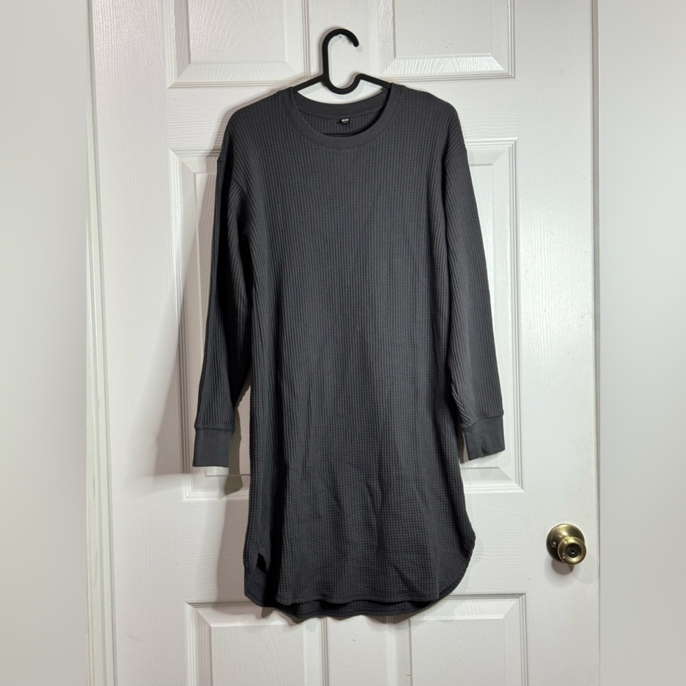 Uniqlo Womens Waffle Knit Thermal T-shirt Dress Sz XS Grey Long sleeve Lounge
